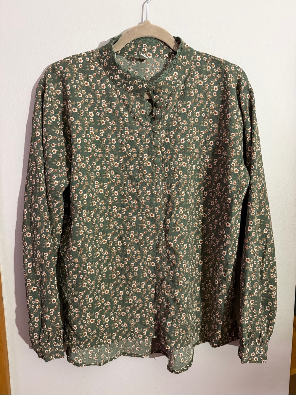 Women's Olive Green Floral Button-Front Blouse with Stand Collar